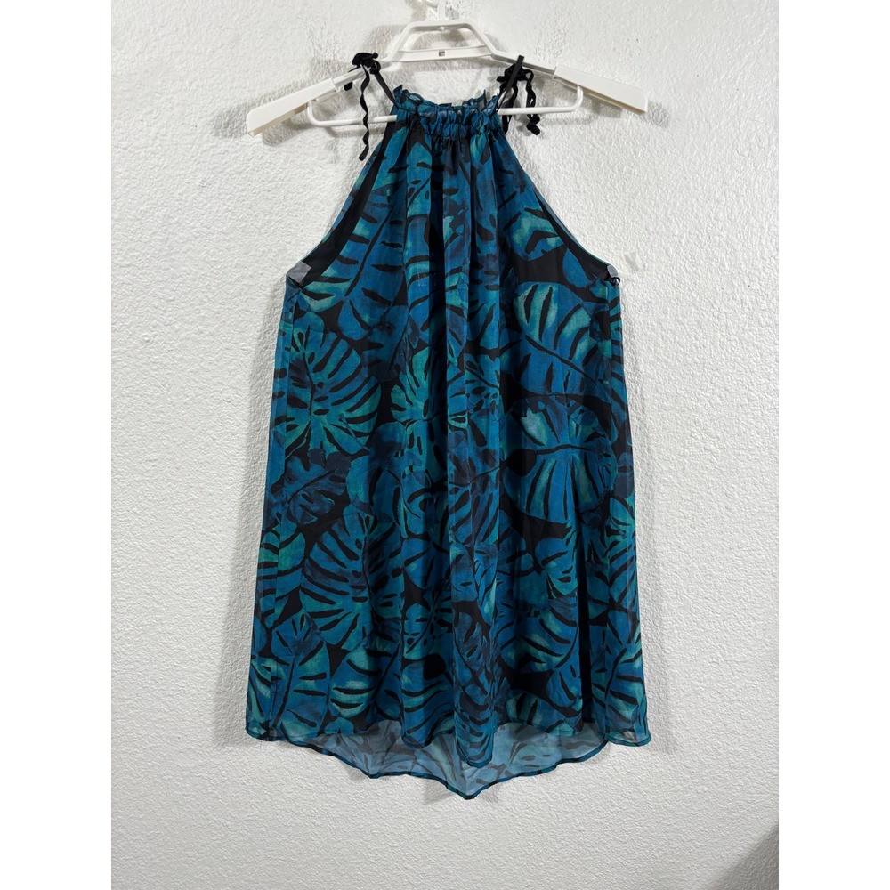 I. Madeline Womens Large Blue Teal Monstera Palm Leaf Halter‎ Neck Mini Dress